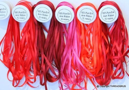 New 7mm Size ThreadNanny 5 Spools of 100% Pure Silk Ribbons - RED Tones - 50 mts x 7mm